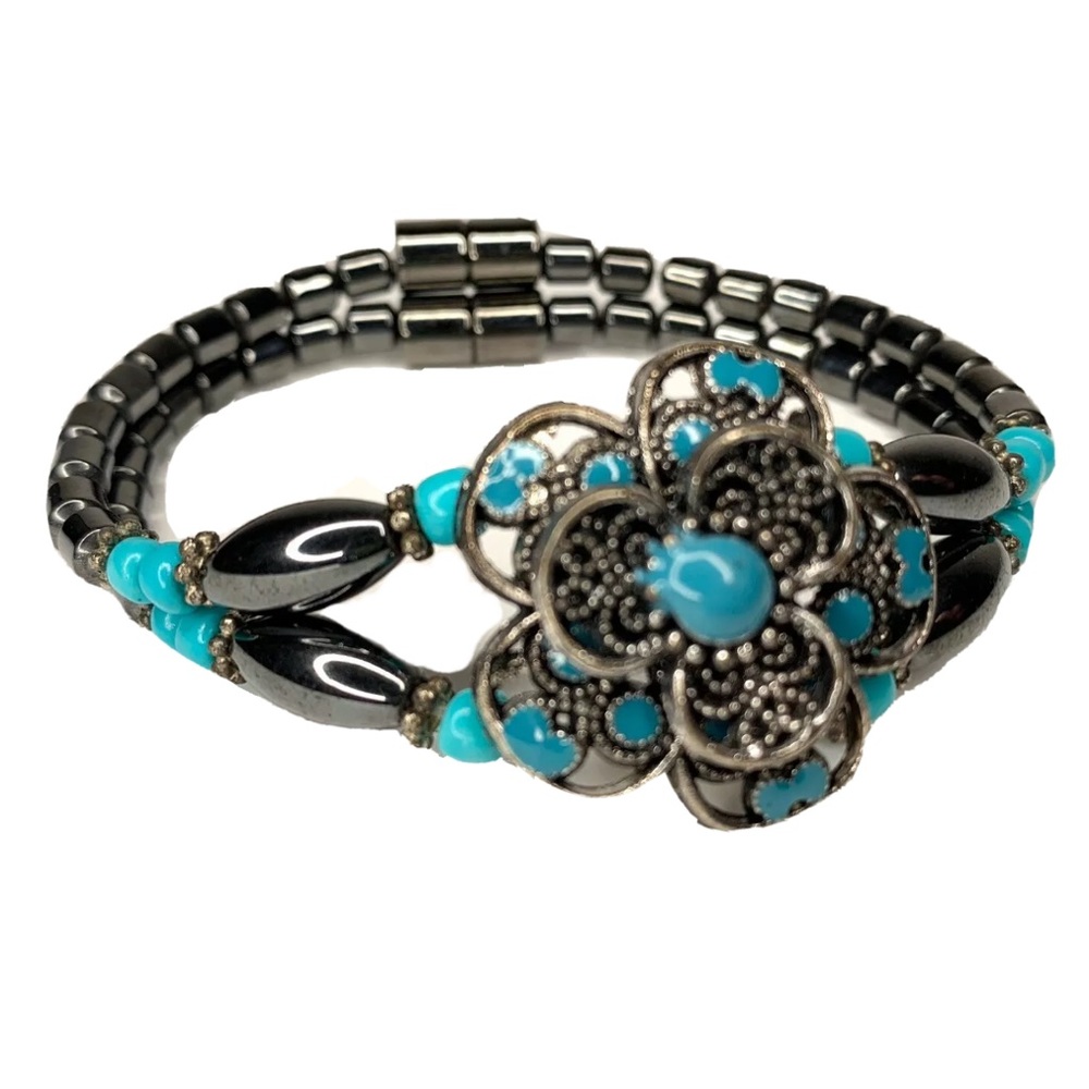 Hematite Magnetic Turquoise Flower Bracelet